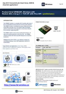 Easy Wi-Fi Connectivity for Smart Home, M2M & CleanTech applications! PageProduct Brief SPB820P, Wireless LAN