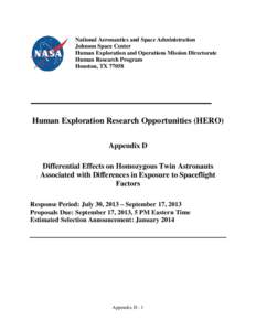 National Aeronautics and Space Administration Johnson Space Center Human Exploration and Operations Mission Directorate Human Research Program Houston, TX 77058