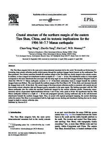 Earth and Planetary Science Letters – 202 www.elsevier.com/locate/epsl Crustal structure of the northern margin of the eastern Tien Shan, China, and its tectonic implications for the 1906 M~7.7 Manas ear