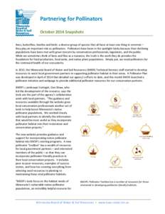 Partnering for Pollinators October 2014 Snapshots Bees, butterflies, beetles and birds: a diverse group of species that all have at least one thing in common – they play an important role as pollinators. Pollinators ha