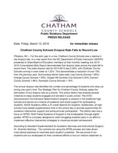Public Relations Department PRESS RELEASE Date: Friday, March 13, 2015 for immediate release