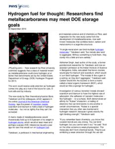 Hydrogen fuel for thought: Researchers find metallacarboranes may meet DOE storage goals