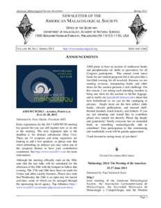 American Malacological Society Newsletter  Spring 2013 NEWSLETTER OF THE AMERICAN MALACOLOGICAL SOCIETY