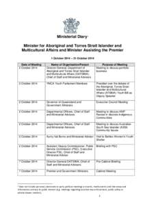 Ministerial Diary: Minister for Aboriginalk and Torres Strait Islander and Multicultural Affairs and Minister Assisting the Premier
