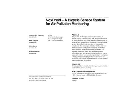 NoxDroid – A Bicycle Sensor System for Air Pollution Monitoring Andreas Bok Andersen pITlab