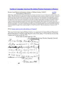Southern Campaign American Revolution Pension Statements & Rosters Bounty Land Warrant information relating to William Lindsay VAS927 Transcribed by Will Graves vsl 2VA[removed]
