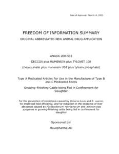 Date of Approval: March 14, 2013  FREEDOM OF INFORMATION SUMMARY ORIGINAL ABBREVIATED NEW ANIMAL DRUG APPLICATION  ANADA[removed]