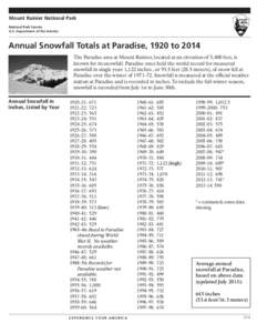Mount Rainier National Park National Park Service U.S. Department of the Interior Annual Snowfall Totals at Paradise, 1920 to 2014 The Paradise area at Mount Rainier, located at an elevation of 5,400 feet, is