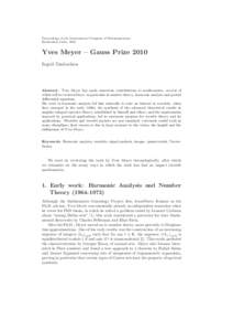 Proceedings of the International Congress of Mathematicians Hyderabad, India, 2010 Yves Meyer – Gauss Prize 2010 Ingrid Daubechies