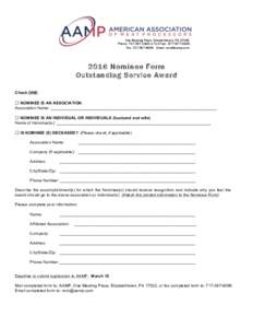 One Meating Place, Elizabethtown, PAPhone: or Toll Free: Fax: Email:  2016 Nominee Form Outstanding Service Award