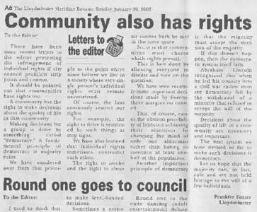 A6 The Lloydminster Meridian Booster, Sunday, January 20, 2002  Community also has rights To the Editor: There