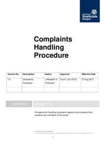 Complaints Handling Procedure Version No.  Description