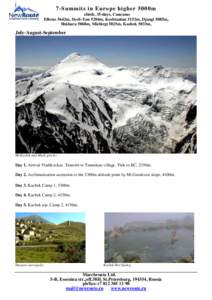 7-Summits in Europe higher 5000m climb, 35-days, Caucasus Elbrus 5642m, Dych-Tau 5204m, Koshtantau 5152m, Djangi 5085m, Shkhara 5068m, Mizhirgi 5025m, Kazbek 5033m,  July-August-September