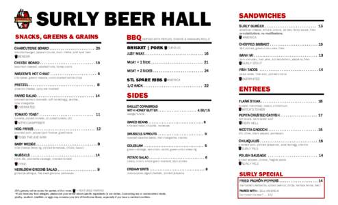 SURLY BEER HALL SNACKS, GREENS & GRAINS BBQ SERVED WITH PICKLES, ONIONS & HAWAIIAN ROLLS  CHARCUTERIE BOARD . . . . . . . . . . . . . . . . . . . . . . . . 25