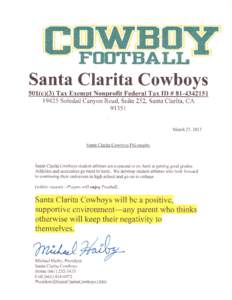 l:EWE[I FTISTEALI Santa Clarita Cowboys 501(c)(3) Tax Exempt Nonprofit Federal Tax ID # Soledad Canyon Road, Suite 252, Santa Clarita, CA