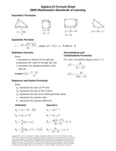 Algebra II Formula Sheet 2009 Mathematics Standards of Learning Geometric Formulas: s h