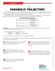 Functions Name PARABOLIC TRAJECTORY In “Stunt Math” on page 6, you practiced using function rules to find the amount of force on different objects as they fall at gravitational acceleration of 9.8 m/s2, which is the 