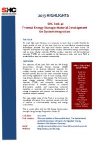 2013	
  HIGHLIGHTS	
    	
   SHC	
  Task	
  42	
   Thermal	
  Energy	
  Storage:	
  Material	
  Development	
   for	
  System	
  Integration	
  