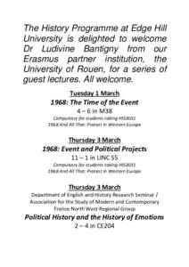 The History Programme at Edge Hill University is delighted to welcome Dr Ludivine Bantigny from our Erasmus partner institution, the University of Rouen, for a series of guest lectures. All welcome.