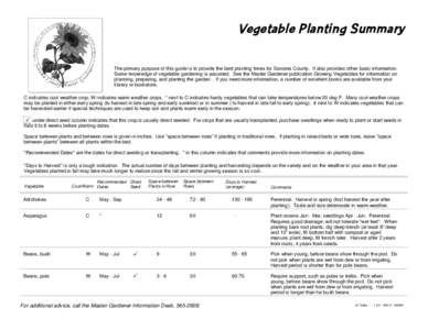 Vegetable Planting Summary The primary purpose of this guide is to provide the best planting times for Sonoma County. It also provides other basic information. Some knowledge of vegetable gardening is assumed. See the Ma