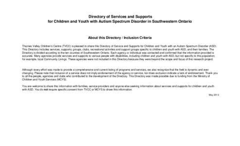 Autism Services Directory for Southwestern Ontario