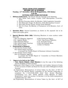 1.  DELHI LEGISLATIVE ASSEMBLY REVISED LIST OF BUSINESS Tuesday, 11th December, Margashirsha, 1934 (SakaPM