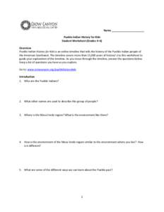 Name ______________________ Pueblo Indian History for Kids Student Worksheet (Grades 4–6) Overview Pueblo Indian History for Kids is an online timeline that tells the history of the Pueblo Indian people of the American