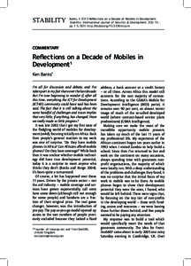 stability  Banks, K 2013 Reflections on a Decade of Mobiles in Development. Stability: International Journal of Security & Development, 2(3): 51, pp. 1-5, DOI: http://dx.doi.orgsta.cm