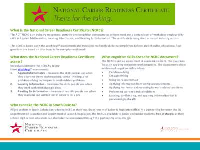 What is the National Career Readiness Certificate (NCRC)? The ACT® NCRC is an industry recognized, portable credential that demonstrates achievement and a certain level of workplace employability skills in Applied Mathe