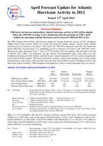 April Forecast Update for Atlantic Hurricane Activity in 2012 Issued: 12th April 2012 by Professor Mark Saunders and Dr Adam Lea Dept. of Space and Climate Physics, UCL (University College London), UK