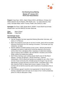 Hub Steering Group Meeting Monday 23rd January 2012 WCVA and Teleconference Present: Craig Owen, WACL; Martin Pollard, WCIA; Jeff Williams, Christian Aid / INGOs Network; Wynne Roberts, NHS Health Links – by videoconfe