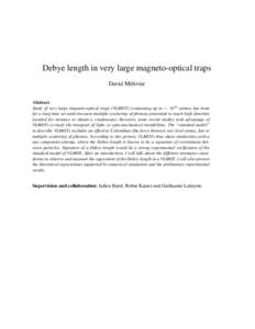 Debye length in very large magneto-optical traps David Métivier Abstract : Study of very large magneto-optical traps (VLMOT) (containing up to ∼ 1011 atoms) has been for a long time set aside because multiple scatteri