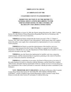 ORDINANCE NOAN ORDINANCE OF THE COASTSIDE COUNTY WATER DISTRICT MODIFYING SECTION W OF THE DISTRICT’S GENERAL REGULATIONS REGARDING WATER SERVICE PERTAINING TO THE CONTROL OF