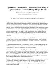 Open Protest Letter from the Communist (Maoist) Party of Afghanistan to the Communist Party of Nepal (Maoist) (With Copies to the Participating Parties and Organizations of the Revolutionary Internationalist Movement)  T
