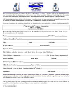 For Annual Membership in the 1st Battalion (Mechanized) 50th Infantry Association, a donation of twenty five ($dollars per year is requested. For this donation, you will receive a copy of the Association Bylaws, a