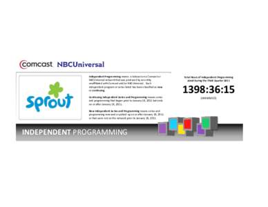 Independent Programming means a telecast on a Comcast or NBCUniversal network that was produced by an entity unaffiliated with Comcast and/or NBCUniversal. Each independent program or series listed has been classified as