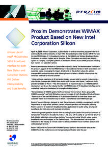 Proxim Demonstrates WiMAX Product Based on New Intel Corporation Silicon Unique Use of Intel® PRO/Wireless 5116 Broadband