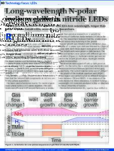 80 Technology focus: LEDs  Long-wavelength N-polar indium gallium nitride LEDs MOVPE process achieves red emission with 633.4nm wavelength, longer than other –c-plane InGaN LEDs, according to researchers.