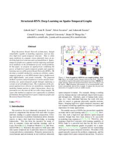 Structural-RNN: Deep Learning on Spatio-Temporal Graphs Ashesh Jain1,2 , Amir R. Zamir2 , Silvio Savarese2 , and Ashutosh Saxena3 Deep Recurrent Neural Network architectures, though remarkably capable at modeling sequenc