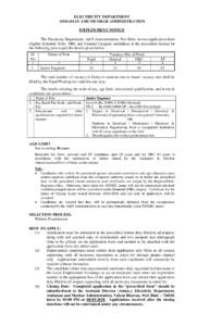 ELECTRICITY DEPARTMENT ANDAMAN AND NICOBAR ADMINISTRATION EMPLOYMENT NOTICE The Electricity Department, A&N Administration, Port Blair, invites application from eligible Schedule Tribe, OBC and General Category candidate