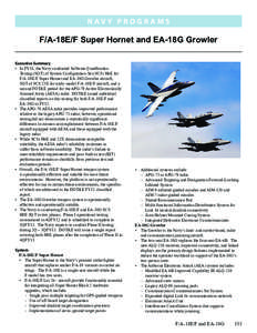 N av y P R O G R A M S  F/A-18E/F Super Hornet and EA-18G Growler Executive Summary •	 In FY11, the Navy conducted Software Qualification Testing (SQT) of System Configuration Set (SCS) H6E for