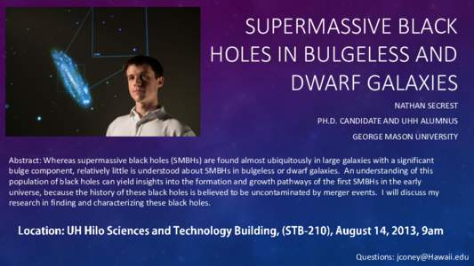 SUPERMASSIVE BLACK HOLES IN BULGELESS AND DWARF GALAXIES NATHAN SECREST PH.D. CANDIDATE AND UHH ALUMNUS GEORGE MASON UNIVERSITY