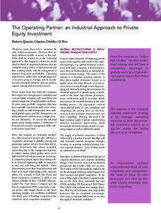 The Operating Partner: an Industrial Approach to Private Equity Investment Roberto Quarta, Clayton, Dubilier & Rice