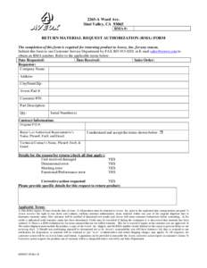 2265-A Ward Ave. Simi Valley, CARMA #: RETURN MATERIAL REQUEST AUTHORIZATION (RMA) FORM The completion of this form is required for returning product to Aveox, Inc. for any reason.
