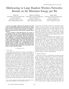 ISIT 2009, Seoul, Korea, June 28 - July 3, 2009  Multicasting in Large Random Wireless Networks: Bounds on the Minimum Energy per Bit Aman Jain