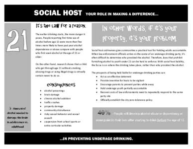SOCIAL HOST  YOUR ROLE IN MAKING A DIFFERENCE… It’s the law for a reason. The earlier drinking starts, the more danger it