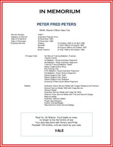 IN MEMORIUM PETER FRED PETERS RANK: Warrant Officer Class Two Service Number: Category of Service: Date of Enlistment:
