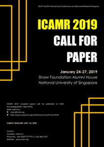 2019 The 9th International Conference on Advanced Materials Research  ICAMR 2019 CALL FOR PAPER January 24-27, 2019