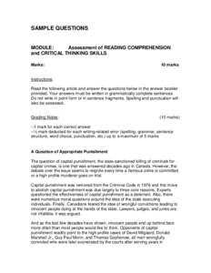 SAMPLE QUESTIONS  MODULE: Assessment of READING COMPREHENSION and CRITICAL THINKING SKILLS Marks: