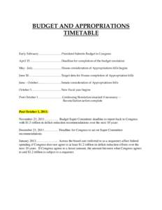 BUDGET AND APPROPRIATIONS TIMETABLE Early February……………………President Submits Budget to Congress April 15……………………………Deadline for completion of the budget resolution May - July………